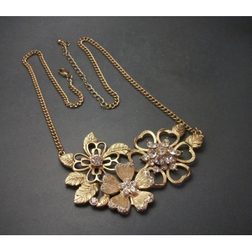 Vintage Brushed Gold Tone Openwork Floral Bib Necklace with Clear Crystals Flower Necklace Adjustable 20 1/2 to 23 1/2 inch Length