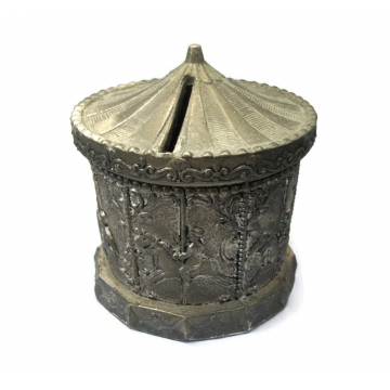 Vintage Silverplate Carousel Coin Bank Metal Merry Go Round Silver Plated Piggy Bank 3 inch diameter Collectible Home Decor