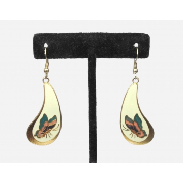 Vintage Cloisonne Enamel Butterfly Drop Earrings Dangle Hook Earrings Gold with Cream Enamel and Rose Pink Teal and Purple Cloisonne