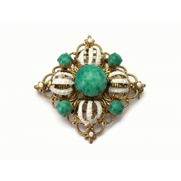Vintage Ornate Square Gold Filigree Brooch with Marbled Green Glass Beads and White Enamel Accents, Elegant Lapel Pin for Men or Women