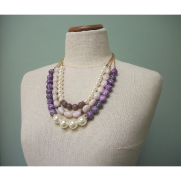 Talbots Chunky Purple Triple Strand Beaded Necklace Big Faux Pearl Beads Gold Tone Chain Adjustable Extender