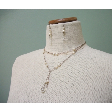 Vintage Clear Crystal and Freshwater Pearl Necklace and Dangle Earrings Set   Faceted Teardrop Silver Y Necklace Pierced Drop Hook Earrings