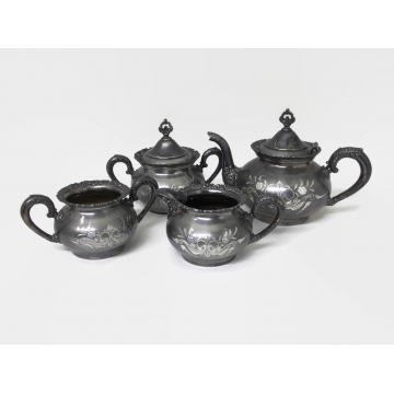 Antique Late 1800s Van Bergh Quadruple Silver Plate Tea Service Set Teapot Sugar Bowl Creamer Waste Bowl Tarnished Etched Silver Victorian