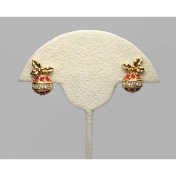 Vintage Avon Sparkling Christmas Ornament Clip Earrings 1990s 1992 Avon Jewelry Gold with Red & Clear Rhinestones in Original Box