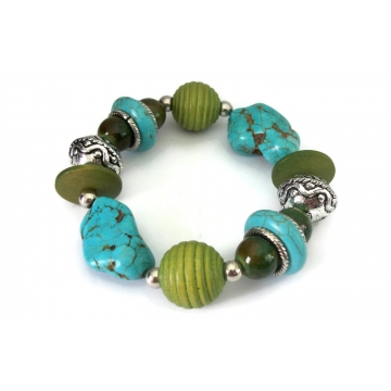 Chunky Green and Faux Turquoise Stone Beaded Stretch Bracelet Elastic Bangle Blue Howlite Nuggets Silver Tone & Green Wood Beads