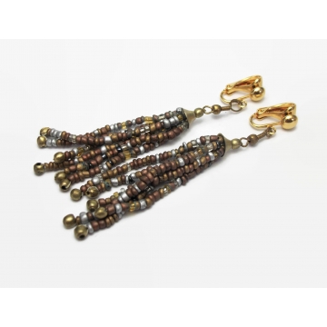 Vintage 3 inch Bead Tassel Clip on Earrings Bronze SIlver Brass Brown Black Seed Beads Festival Boho Jewelry Long Dangle Drop Tassel Earring