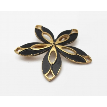 Coro Vintage Brooch Black and Gold Floral Pin Vintage Signed Jewelry Gold Tone Metal and Black Enamel