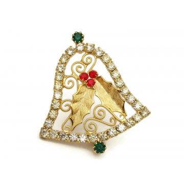 Vintage Rhinestone Gold Filigree Christmas Bell Brooch  Elegant Bell Shaped Lapel Pin Clear Red Green Rhinestones Holly Berries and Ivy