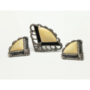 Vintage Marcasite Silver Tone Filigree and Cream & Black Enamel Fan Brooch and Pierced Earrings Set Avon 1989 Art Deco Style Jewelry