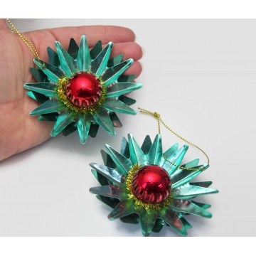 Vintage Tin Metal Star Ornaments Christmas Decor Teal Blue and Red 3D Starbursts 3 inch diameter Set of Two