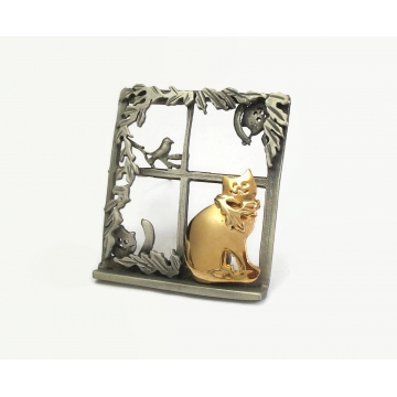 Vintage Pewter Cats in a Window Brooch Openwork Big Square Lapel Pin Cat Lover Jewelry Silver and Gold Signed Ultracraft Ultra Craft