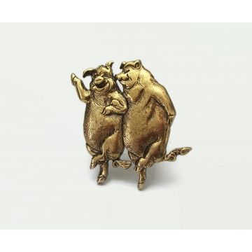 Vintage Museum of Fine Arts MFA C&C Pig Brooch Gold Tone Dancing Standing Pigs Lapel Pin Whimsical Funny Cute Animal Jewelry