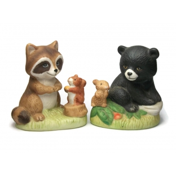 Vintage Homco Ceramic Animal Figurines Set of Two 2, Raccoon and Squirrel, Bear Cub and Bunny Rabbit, Cute Porcelain Woodland Creatures