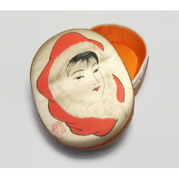 Vintage Asian Silk and Bamboo Trinket Box with Orange Liner Interior   Asian Woman  Woman's Face on Lid    Early 1980s Trinket Box