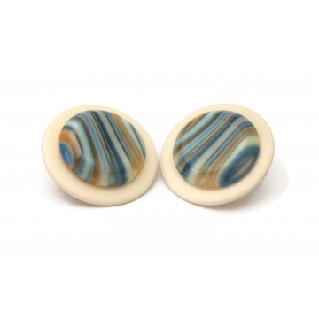 Vintage Huge 1980s Round Cream and Blue Striped Earrings Chunky Lucite Disc 80s Theme Party Statement Jewelry Big Post Stud Pierced Earrings