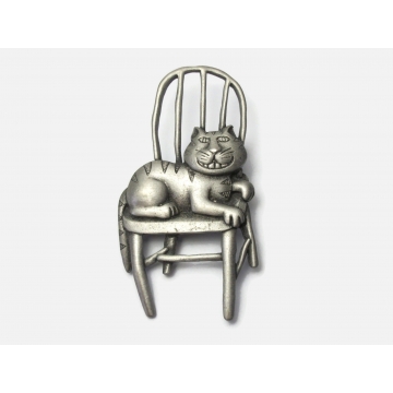 Vintage JJ Jonette Pewter Cat Brooch Smiling Cat Sitting on Chair Silver Tone Cute Funny Whimsical Signed JJ Pin