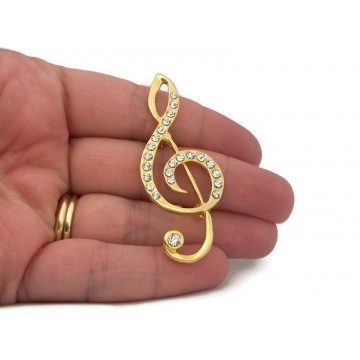 Vintage Treble Clef Brooch Clear Rhinestone and Gold Tone Music Lapel Pin GIft for Music Teacher Musician Singer Unisex Men Women