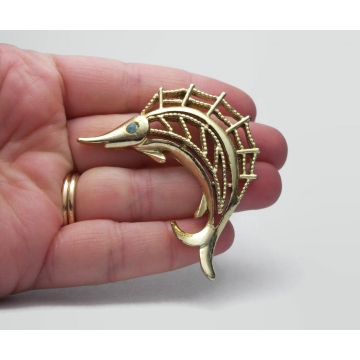 Vintage J.J. Jonette Sailfish Brooch Gold Tone Metal Sailfish Lapel Pin for Women or Men Nautical Theme Animal Fish