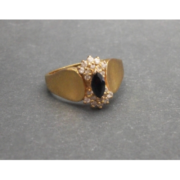 Vintage Black Navette Marquise and Clear Rhinestone Ring with Gold Band and Raised Setting U.S. Size 9 for Women Ladies Men Women's Ring