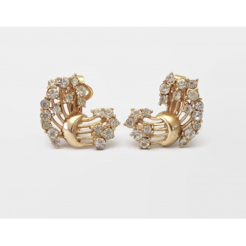 Vintage Crown Trifari Gold Tone Rhinestone Clip on Earrings Clear Rhinestones Mid Century Jewelry 1950s 1960s Wedding Earrings Bride