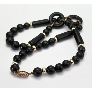 Vintage 1980s Chunky Black Beaded Necklace 24 inch Black Lucite Beads Gold Tone Accents 80s Geometric Jewelry