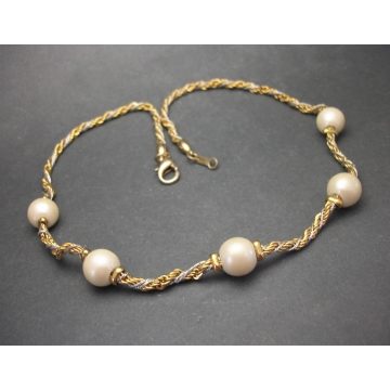 Vintage Rope Chain Twist Necklace with Faux Pearls 17 inch Mixed Metal Silver and Gold Chain