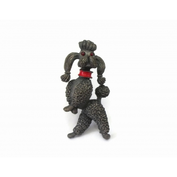 Vintage JJ Jonette Poodle Brooch 1970s Dark Silver Tone Metal with Red Rhinestone Eyes and Red Collar Cute Dog Lapel Pin Mid Century Jewelry