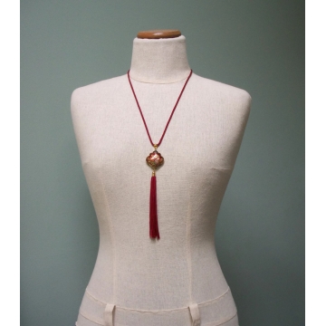 Vintage Deep Red Cloisonne Enamel Tassel Pendant Necklace 24 inch Cord with 6 inch Tassel Floral Pendant Flowers & Butterfly Tassel Necklace