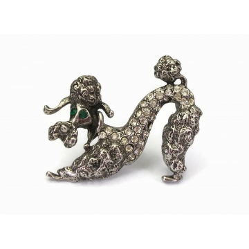 Vintage Rhinestone French Poodle Brooch Pave Clear Rhinestones Silver Tone Dog Pin with Green Eyes  Mid Century Jewelry Animal Lapel Pin