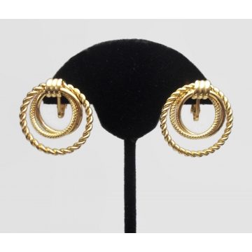 Vintage Triple Hoop Gold Tone Clip on Earrings Rope Twist Hoops Concentric Circles 1 1/8" Diameter Big Large Geometric Jewelry