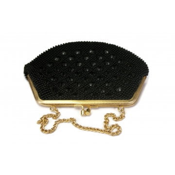 Vintage Black Beaded Evening Purse Clutch  Gold Chain Link Safety Strap Satin Lining Hand Made in Hong Kong  Handbag Florette Flower Beads