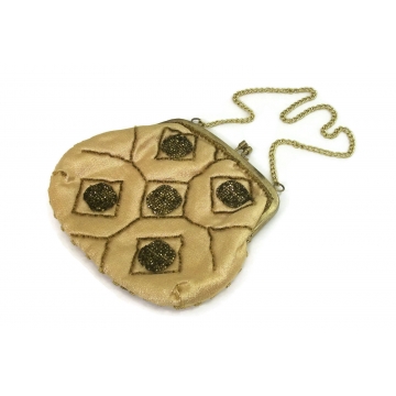 Vintage Gold Beaded Evening Purse Clutch Handbag  Chain Link Strap  Metallic Thread Accents  Made in Hong Kong  Kiss Lock  Satin Lining