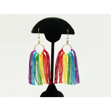 Rainbow Tassel Fringe Earrings for Pierced Ears Long Rainbow Colored Hoop Dangle Earrings Gold Tone Hooks Festival LGBTQ LGBT Gay Pride