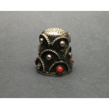 Vintage Silver Tone Metal Thimble with Red Faux Coral Beads