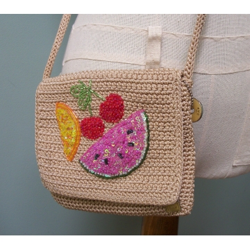 Vintage The Sak Crocheted and Beaded Fruit Crossbody Purse Shoulder Bag, Crochet Handbag with Bead Watermelon Cherries Citrus, Summer Purse