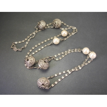 Vintage 1990s Avon Long 36" Silver Tone Chain Necklace with Silver Filigree Beads & Faux Pearls "Pearlesque Accent Necklace" 1994 with Box