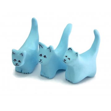 Set of Three 3 Miniature Cat Figurines Polymer Clay Sculpture Light Blue Kitten Kitty Cats