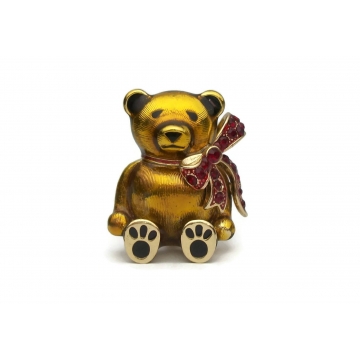 Signed Monet Teddy Bear Enamel Brooch with Red Rhinestones Vintage Jewelry Monet Enamel Bear Pin with Rhinestone Bow