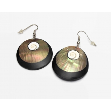 Abalone Seashell and Black Lucite Dangle Earrings Drop Hook Earrings for Pierced Ears