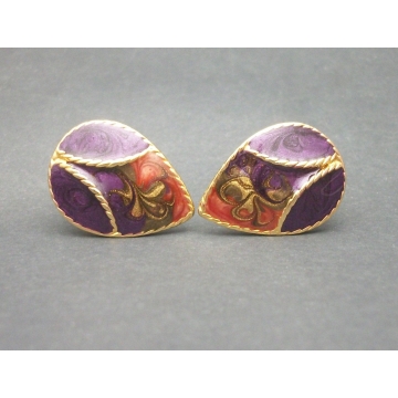 Vintage Purple Orange and Gold Enamel Clip on Earrings Teardrop Shaped Clip Earrings Enamel Swirl Vintage Jewelry