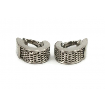 Vintage Silver Tone Mesh Metal Clip On Earrings Industrial Half Hoop Edgy Brutalist Jewelry Clip Ons