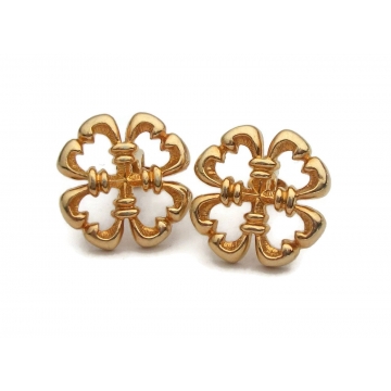 Vintage Sarah Coventry Gold Clip on Earrings Floral Openwork Abstract Emblem Flower Shamrock Lucky Four Leaf Clover 1975 "Embassy" 70s