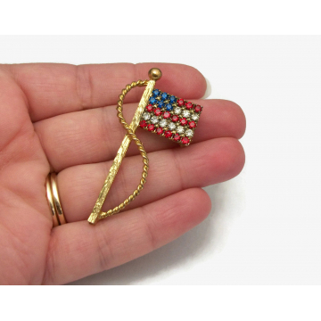 Vintage Rhinestone American Flag Brooch Patriotic Lapel Pin Gold Red White and Blue Flag Pin Memorial Day 4th of July Independence Day