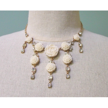 Floral Fringe Bib Necklace Cream White Roses Flowers and Clear Rhinestones Adjustable Gold Chain 13 to 18 Inches