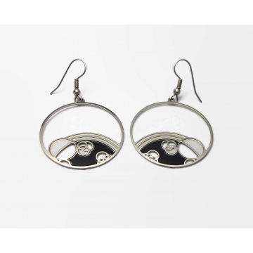 Silver Tone Space Bubbles Dangle Hoop Hook Earrings Planets Geometric Black White Enamel Circles Drop Earrings 1 1/4" Diameter