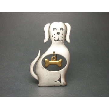 JJ Jonette Pewter Dog Brooch with Bone Charm, Silver and Gold Tone Mixed Metal Cute Whimsical Dog Pin, Vintage Jewelry