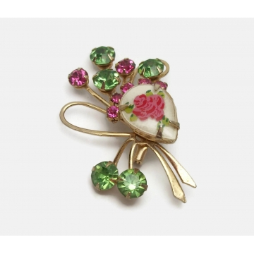 Vintage Pink and Green Rhinestone Floral Spray Brooch Prong Set Riveted Lapel Pin Teardrop Flower Cabochon Tear Drop Mid Century Jewelry