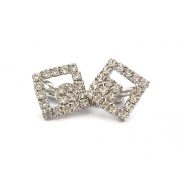 Vintage Clear Rhinestone Silver Tone Clip On Earrings Square Diamond Shaped Geometric Openwork Formal Sparkly Wedding Bridal Earrings