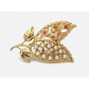 Vintage Gerry's Openwork Gold Tone Leaf Brooch with Faux Pearls and Pink Rhinestones Leaves Lapel Pin Shawl Sweater Pin