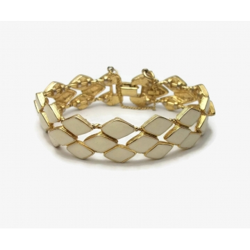Vintage Signed Vendome Cream White Enamel and Gold Bracelet with Safety Chain Geometric Diamonds Pattern Mid Century Jewelry 7 1/2 inch